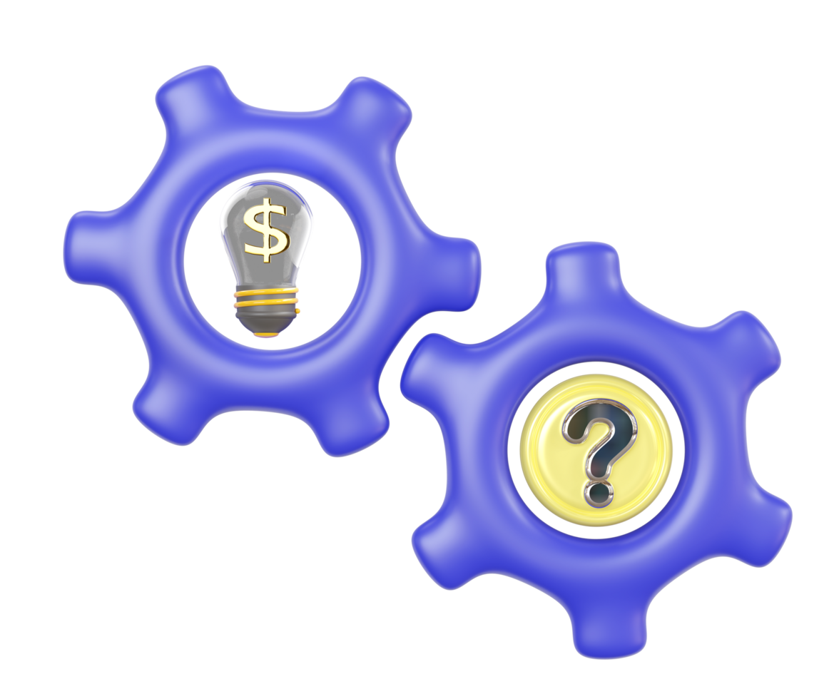 3d cartoon question mark in gear icon with light bulb, coins isolated. investment business target, startup idea concept, 3d illustration render png