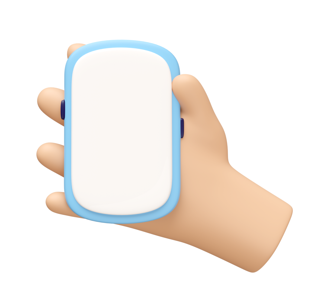 3d cartoon hand holding smartphone isolated. hand using mobile phone, screen phone template, empty screen phone mockup, minimal concept, 3d render png