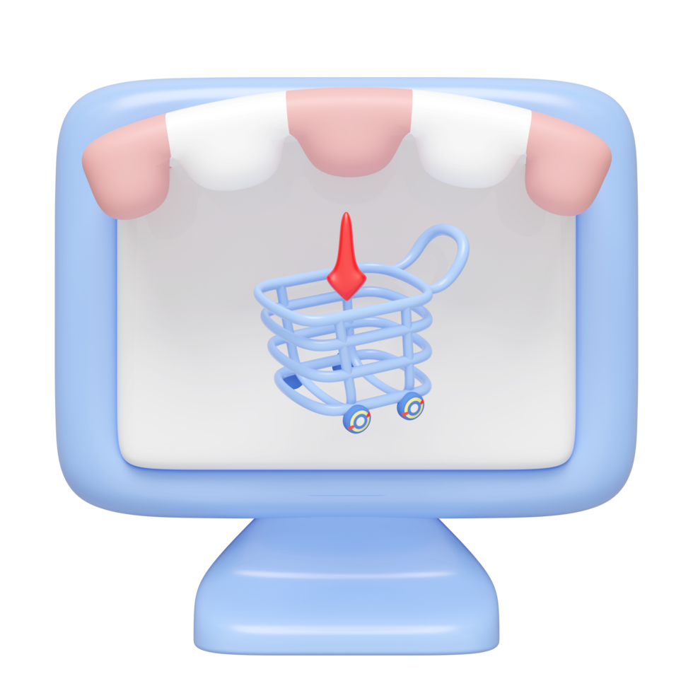 3D computer store front with shopping cart isolated . Ideal for online shopping , represents e commerce and online retail. cartoon style, minimal design, 3d render illustration png