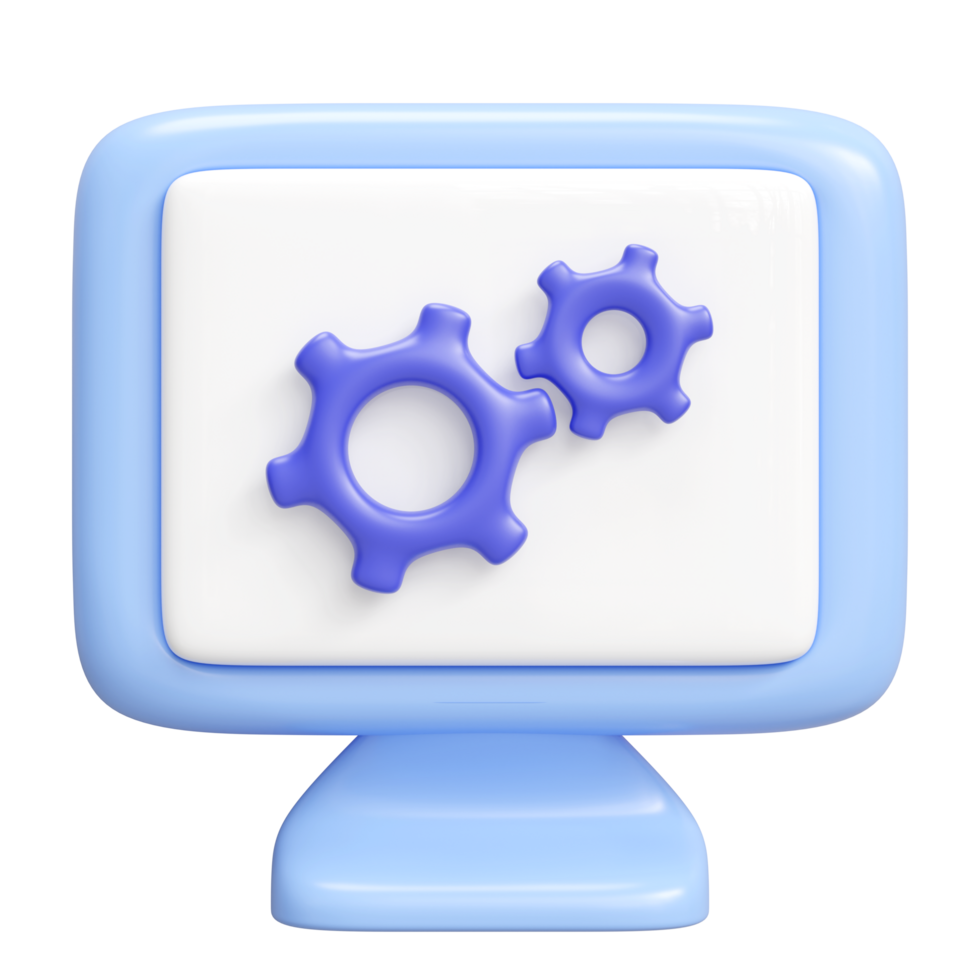 3d Computer monitor cartoon with gear isolated. minimal design, 3d illustration render. png