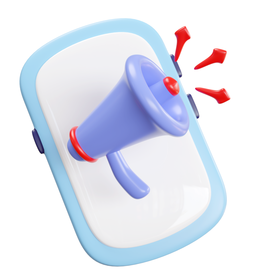 3d megaphone or loudspeaker, hand speaker icon with smartphone isolated. announcement alert concept, 3d render illustration png