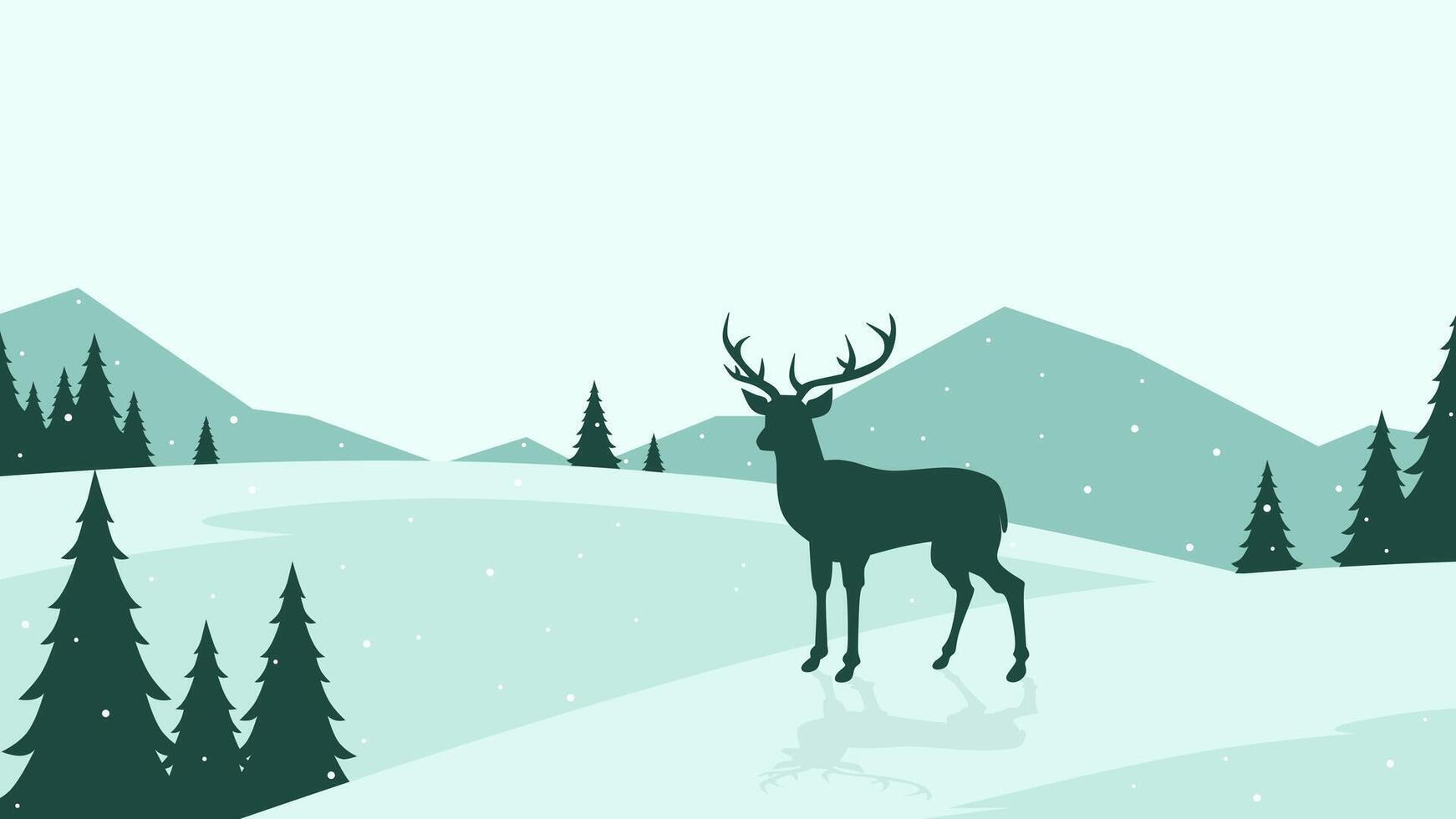 Wildlife landscape of reindeer in a winter scenery. Panoramic view of reindeer on a snowy hill with coniferous trees. Scenery landscape with reindeer on a cold season vector