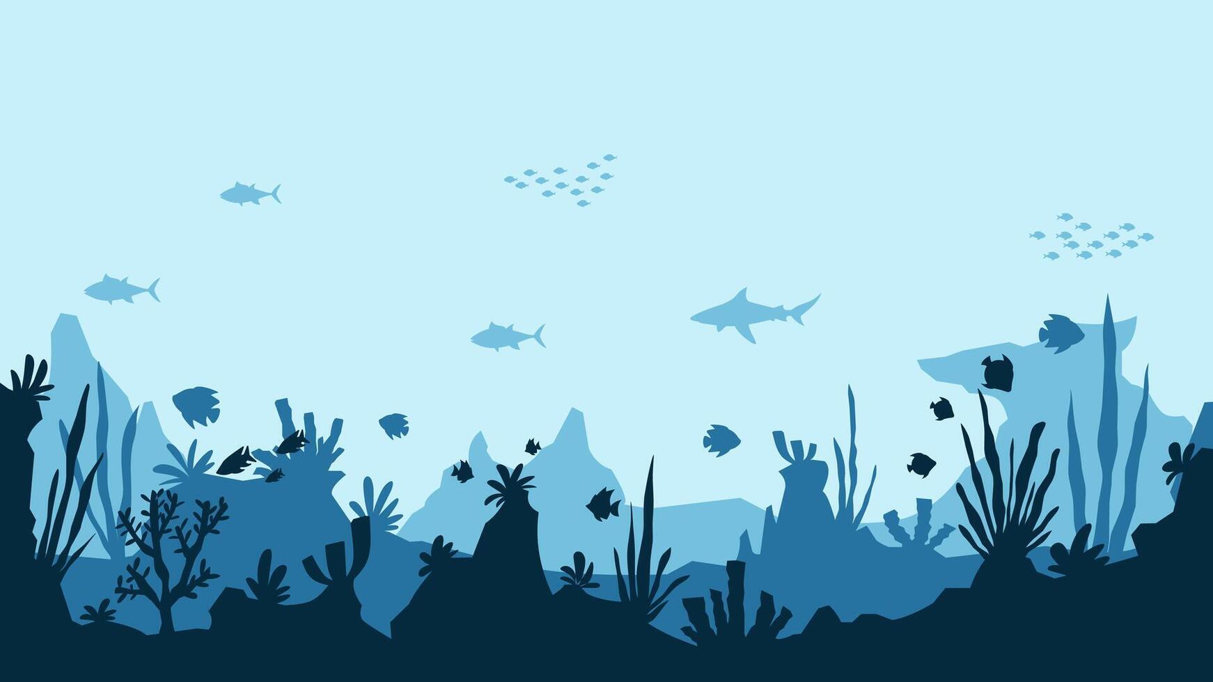 Underwater landscape of fishes and coral reefs scenery. Panoramic view of tropical fish and a shark in aquatic environment. Scenic marine life with sea animal and nautical vegetation vector