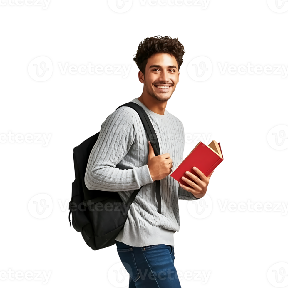 Smiling student with backpack and book isolated on transparent background png