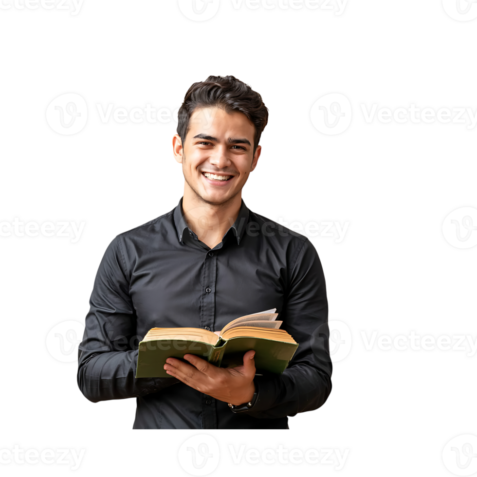 Smiling man holding book isolated on transparent background png
