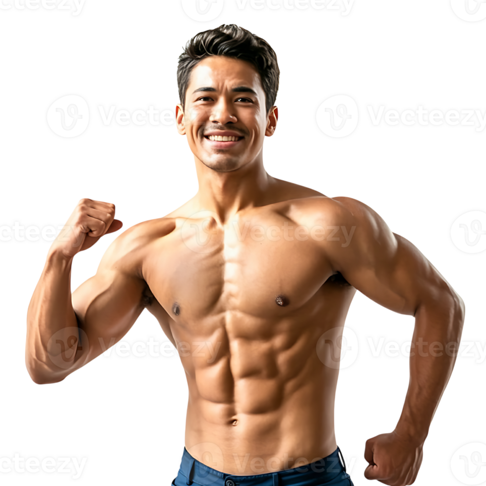 Muscular man flexing biceps smiling fitness studio shot png