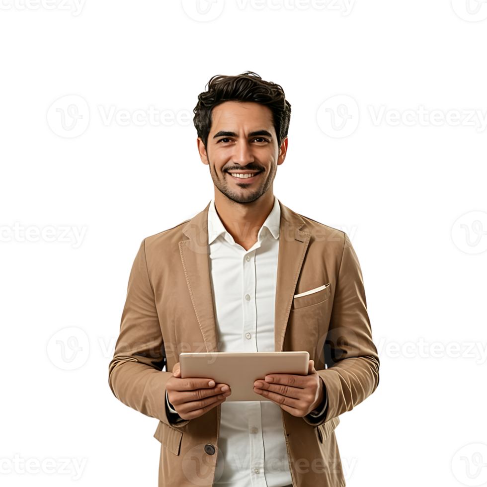 Smiling man in tan suit holding tablet isolated on transparent background png