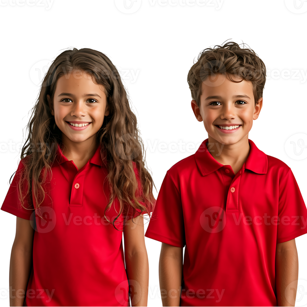 Smiling boy and girl in red polo shirts isolated on transparent background png