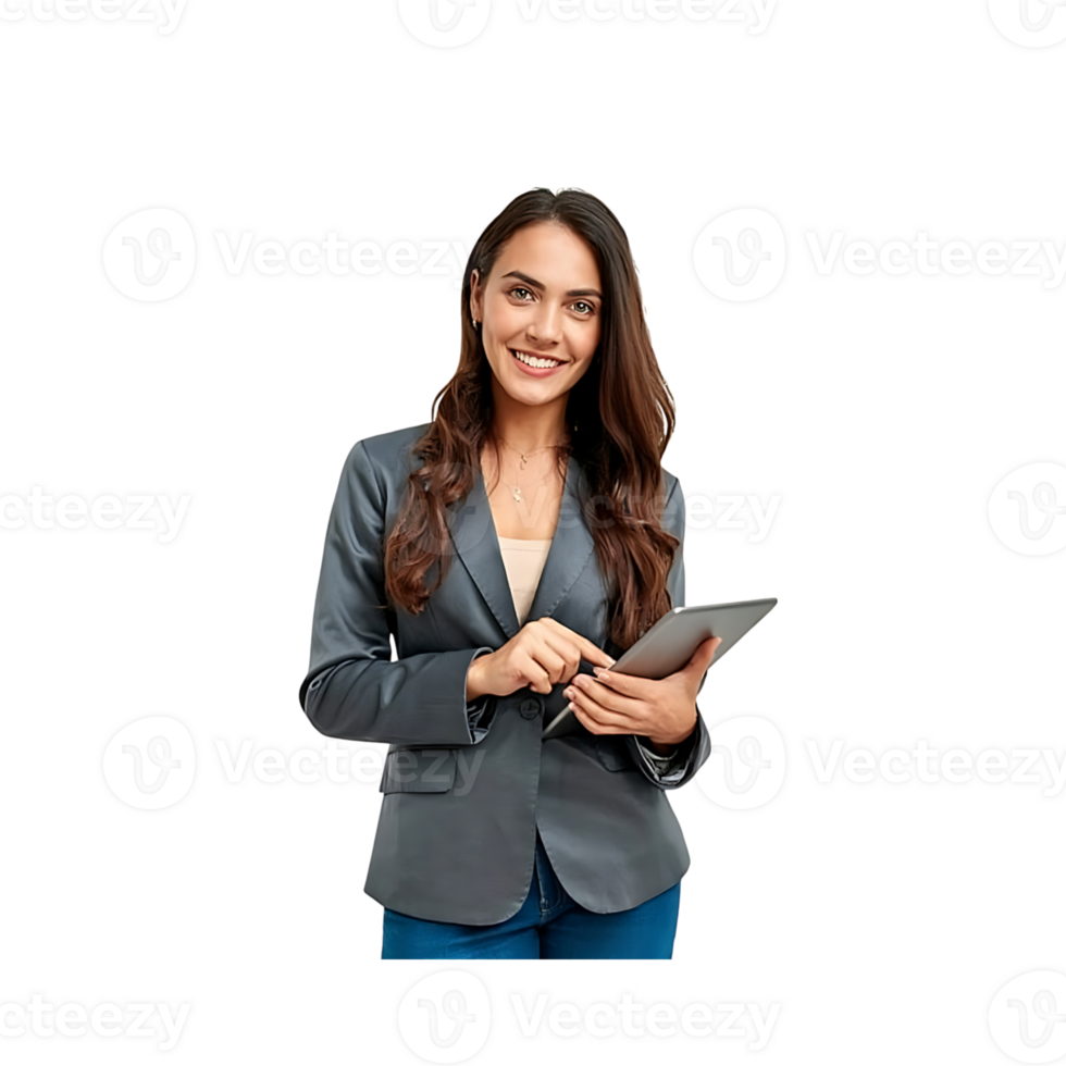 Smiling businesswoman using tablet isolated on transparent background png