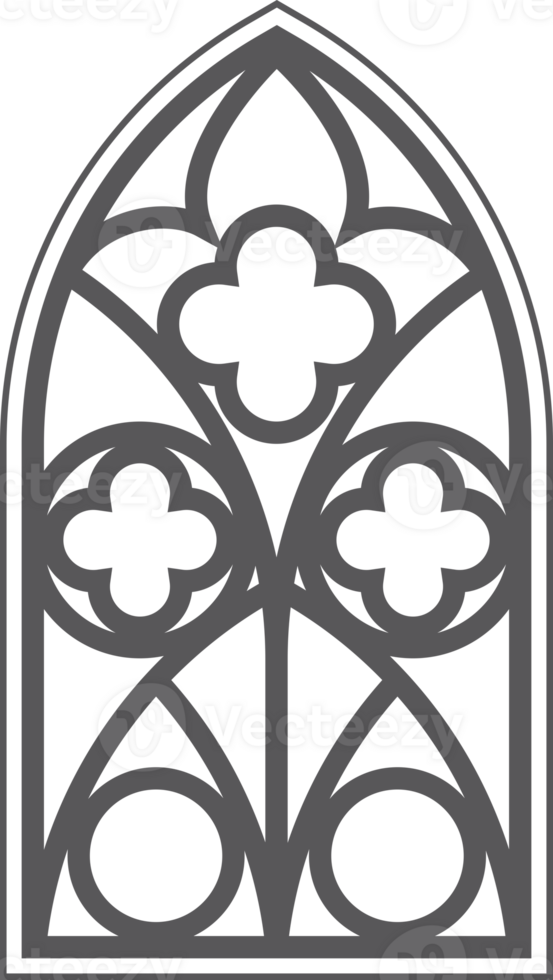 Church window. Arched frame and stained glass. Cathedral gothic architecture element. Medieval castle door silhouette. Catholic interior decoration. png