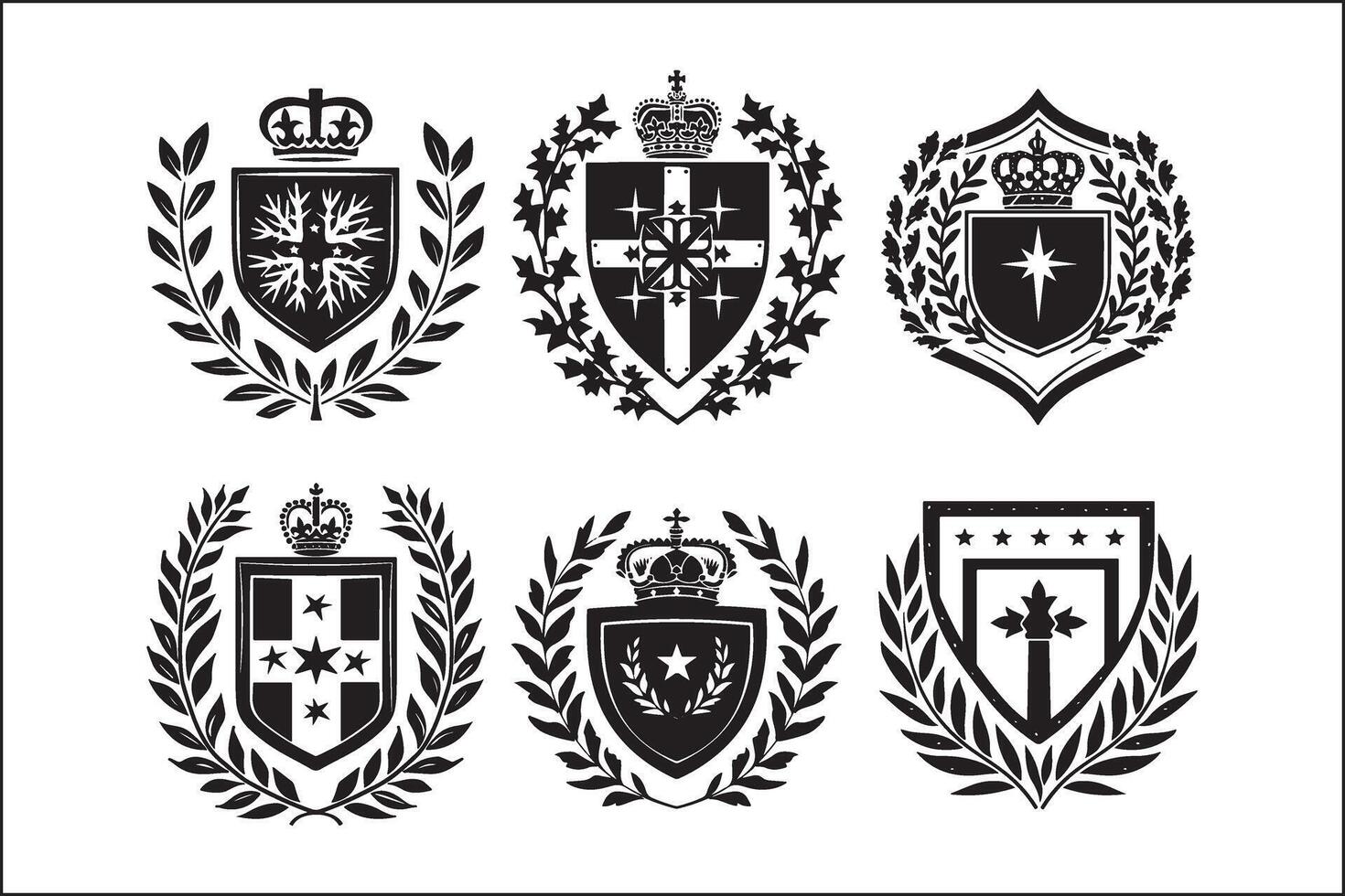 Set of heraldic emblems with crowns and laurel wreaths vector