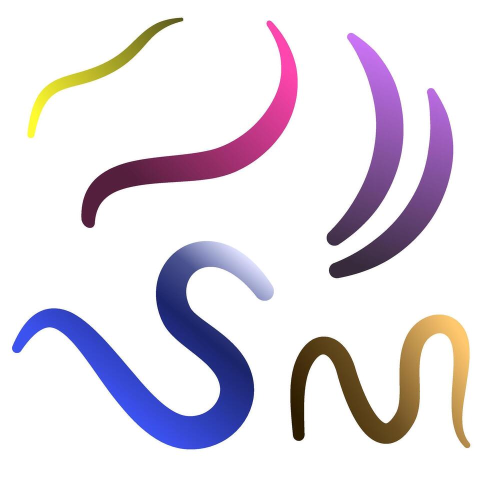 Abstract Color Gradient Swirl Shapes Set. Abstract Wavy Lines in Rainbow Colors. Squiggly Design Elements with tapper. vector