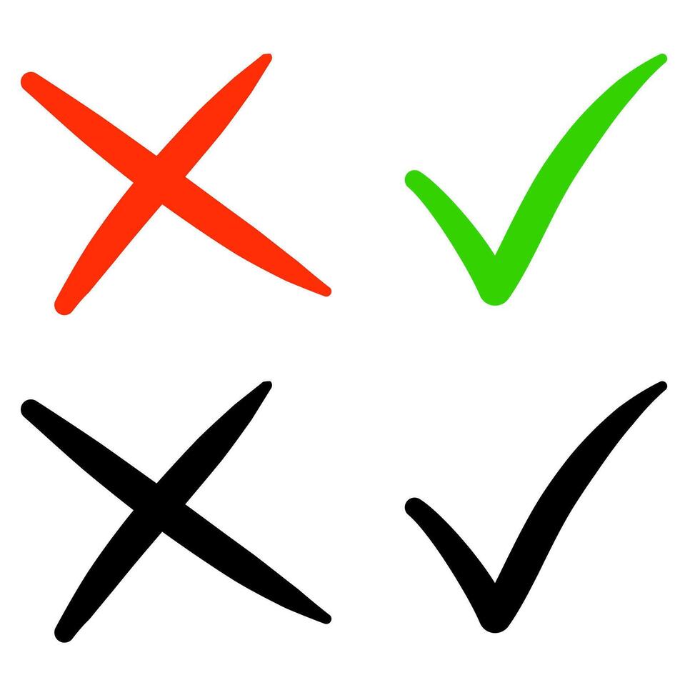 Tick and cross signs. False and true, right and wrong icons. Correct and incorrect, accept and reject symbols. Green tick OK and red X cross. vector