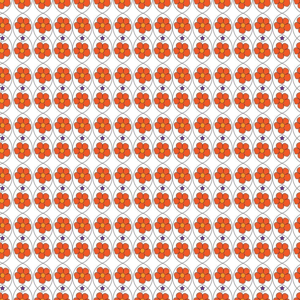 Seamless retro floral pattern with orange flowers and leaves on white background. vector