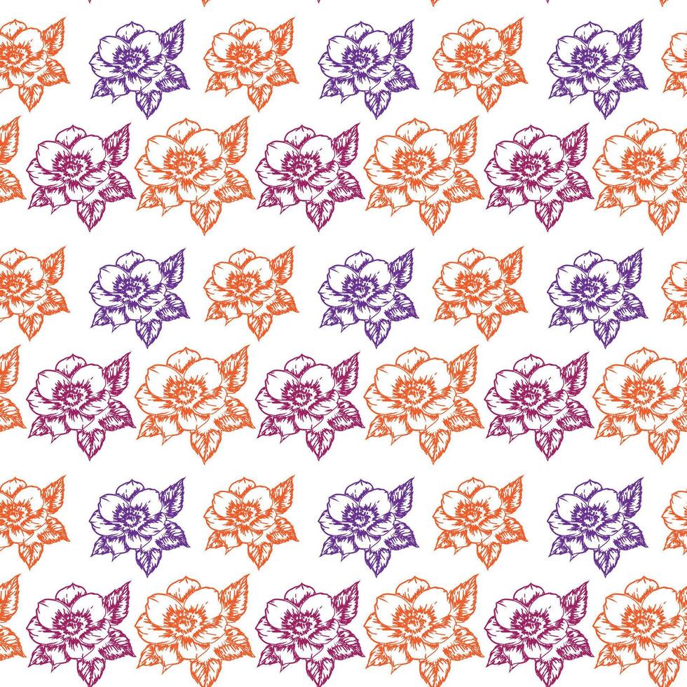 Hand-drawn floral pattern with alternating red and purple flowers on white vector
