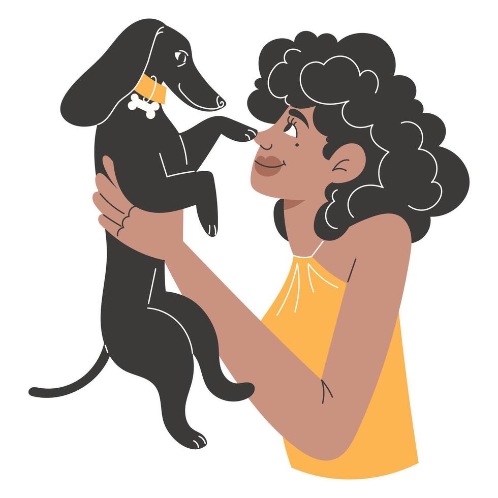 Young African woman holding black dachshund touching her nose with paw. Flat illustration of pet owner moment. vector