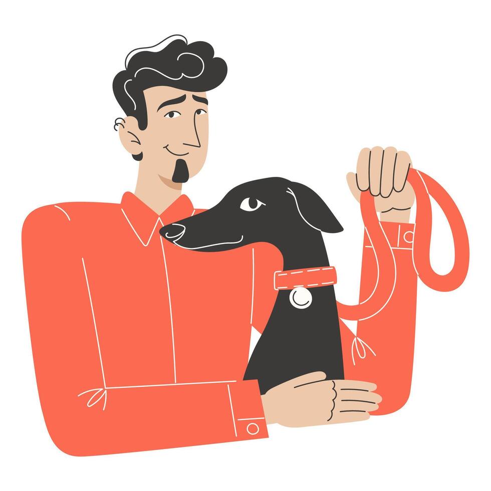 Young man and his whippet dog with similar appearance. Flat pet owner portrait. vector