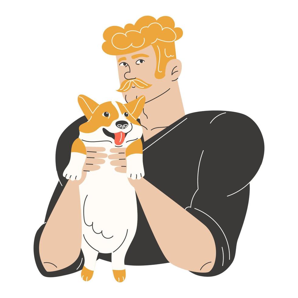 Strong man with moustache holding a tiny Welsh Corgi puppy. Pet owner portrait. Flat illustration. vector