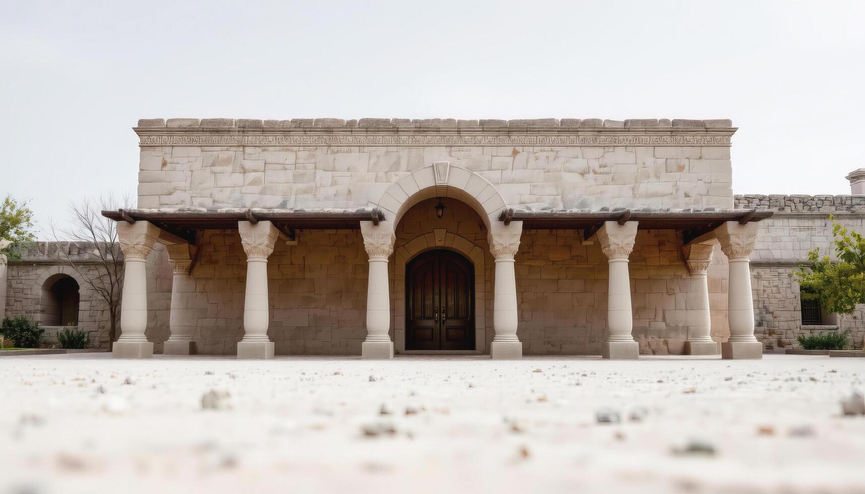 Ancient stone building facade with columns and arched doorway under cloudy sky photo