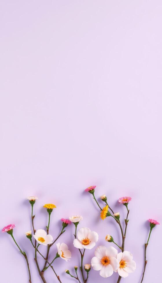 Soft pastel flowers with delicate petals light purple background create harmonious pressing photo
