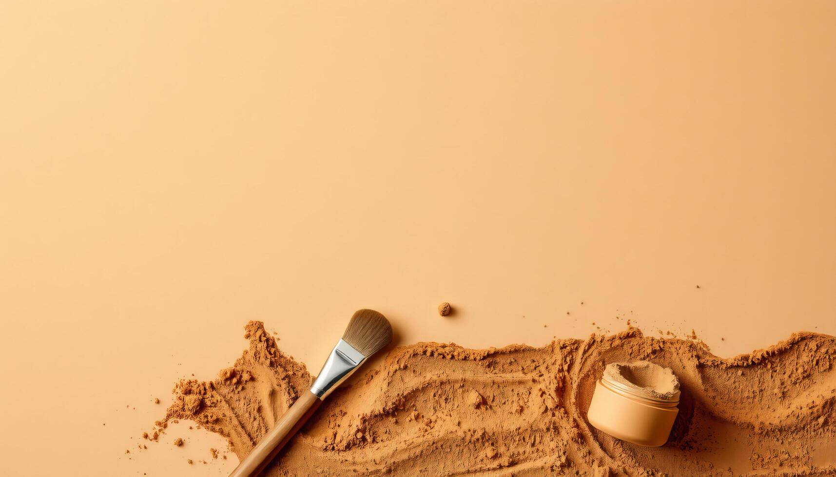 Creamy beige foundation powder with brush on smooth background for makeup photo