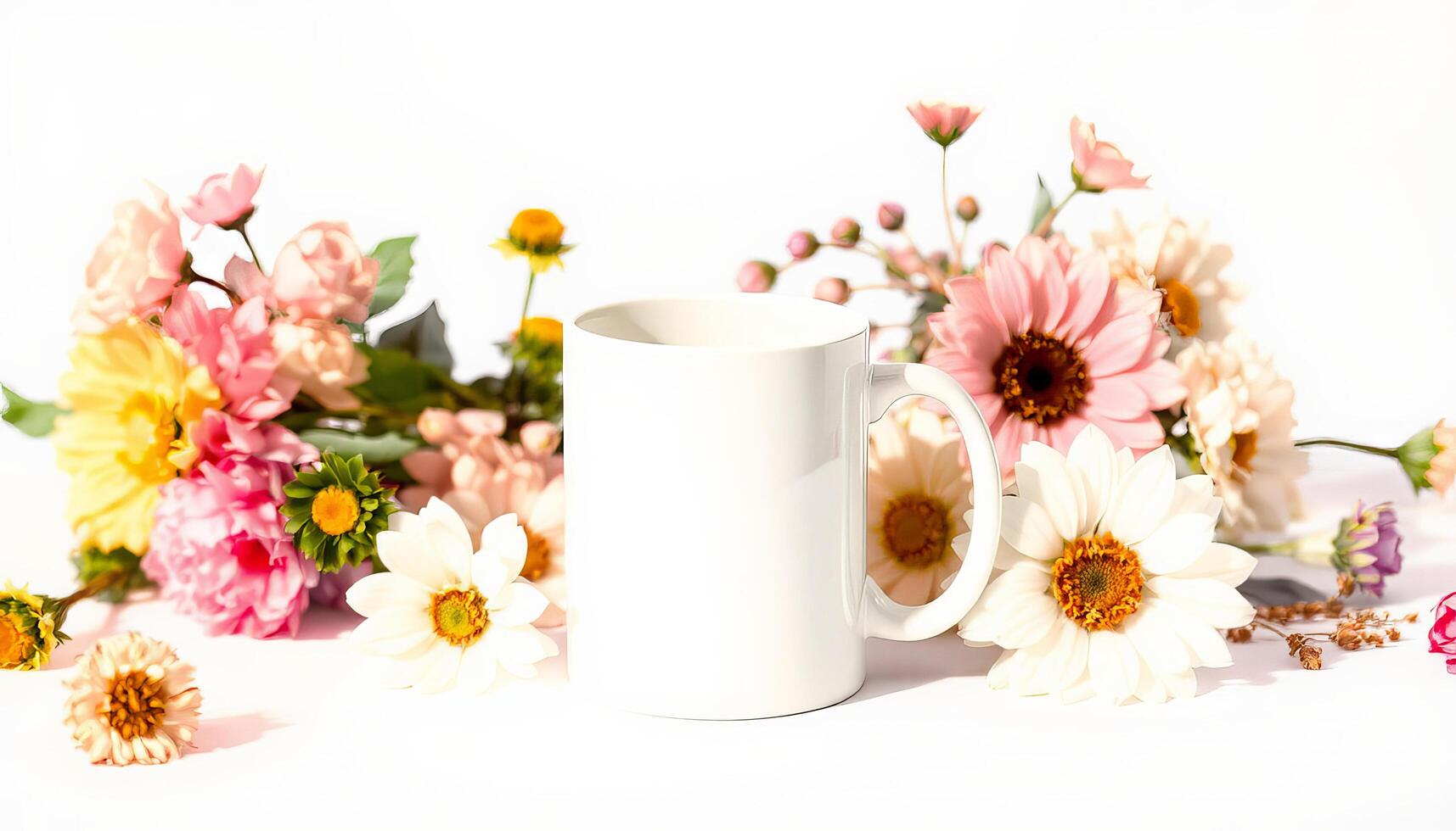 White ceramic mug with colorful flowers around it in bright light photo