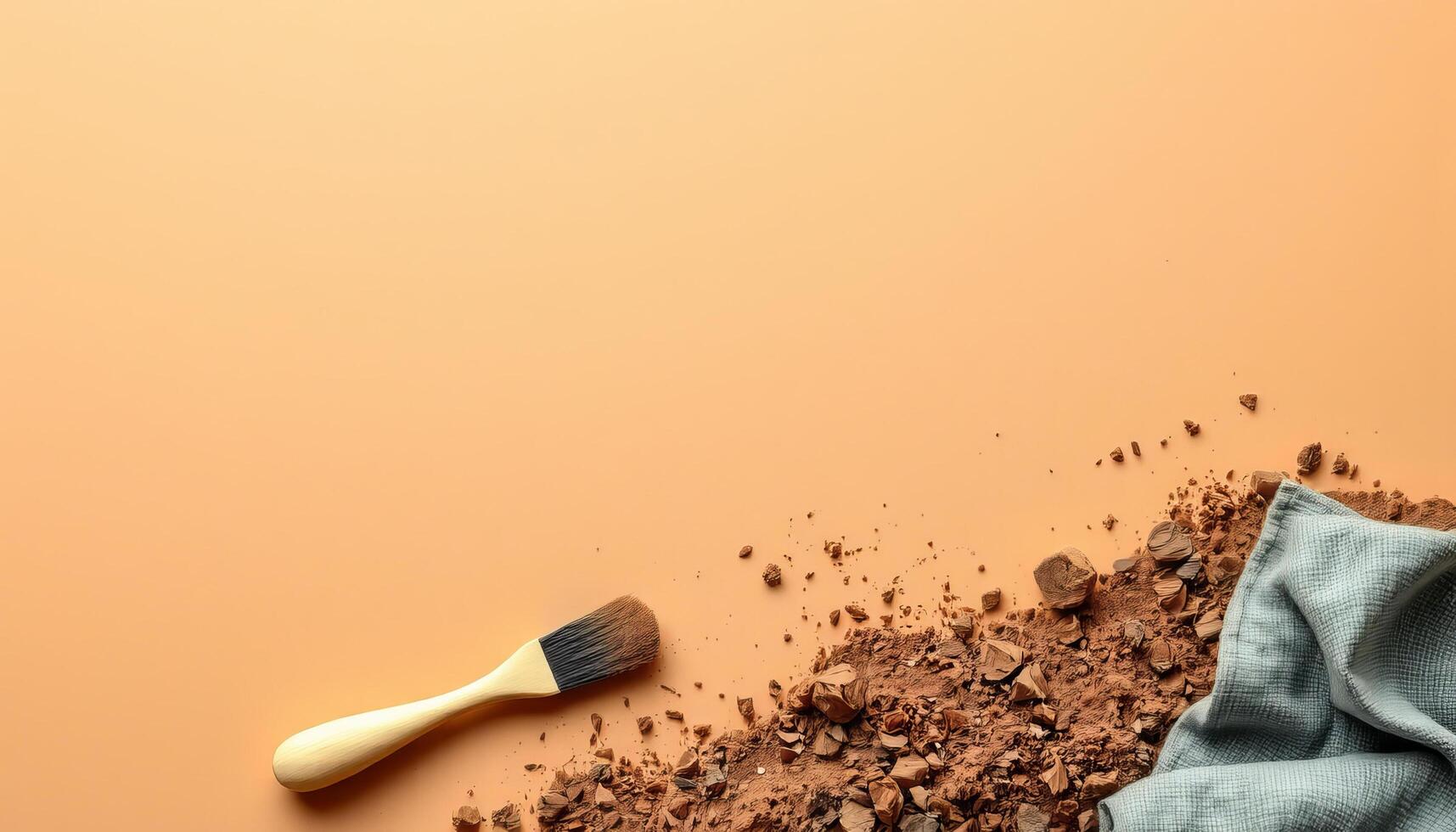Makeup brush with crushed brown powder and cloth on beige background, soft and calm photo