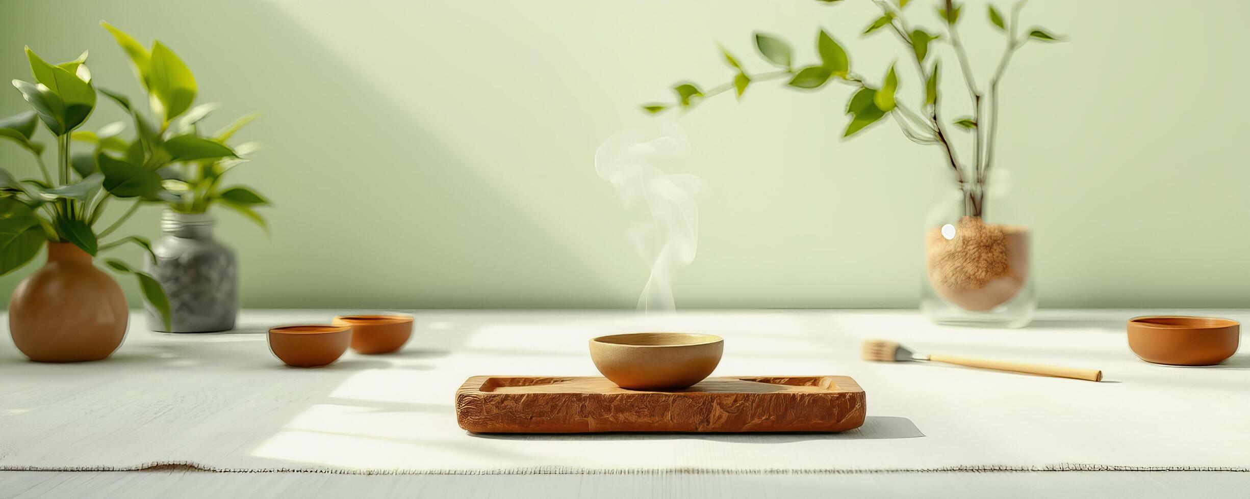 Warm peaceful aroma with incense bowl on wooden tray in bright room photo