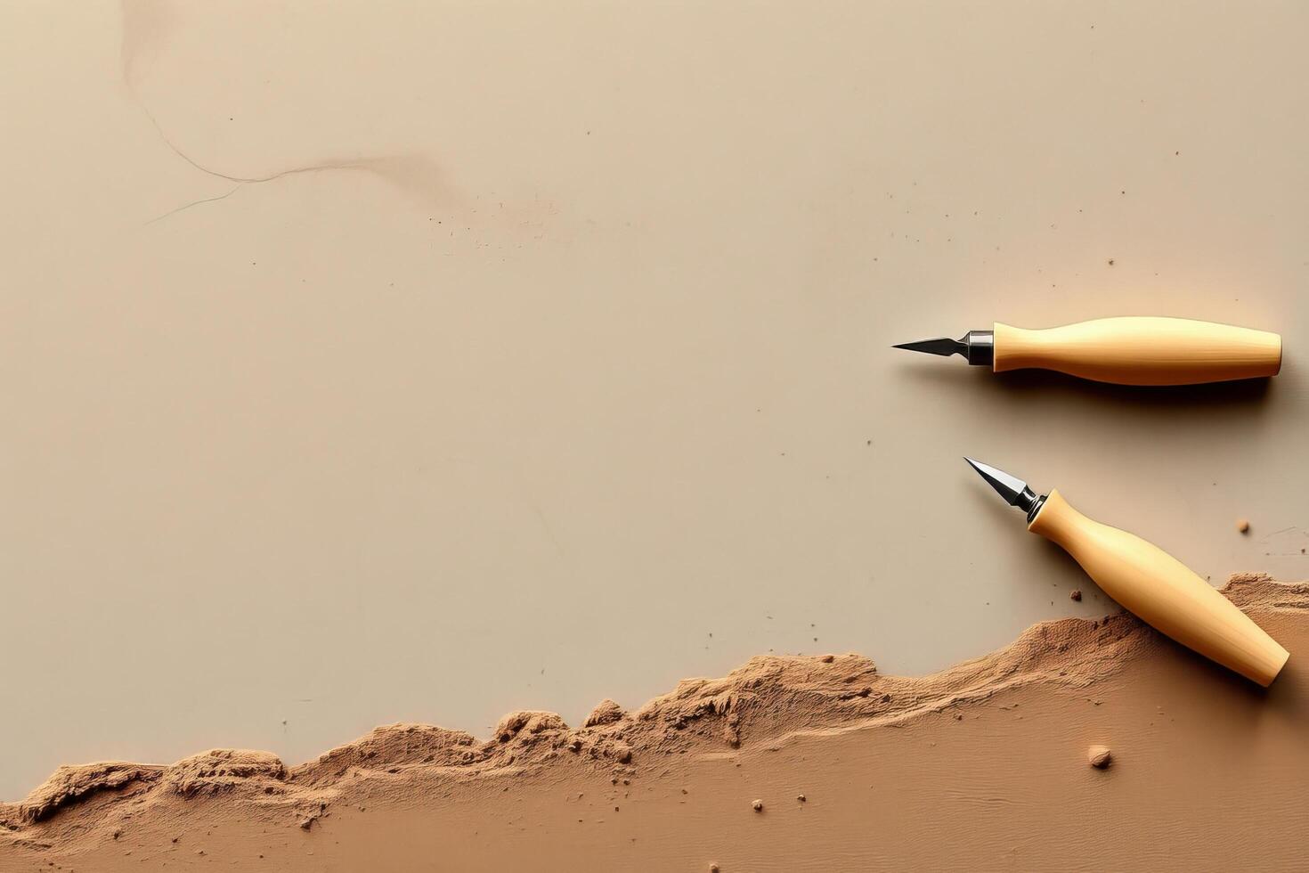 Calligraphy pen nibs with wooden handles on brown and beige background with textured clay edge photo
