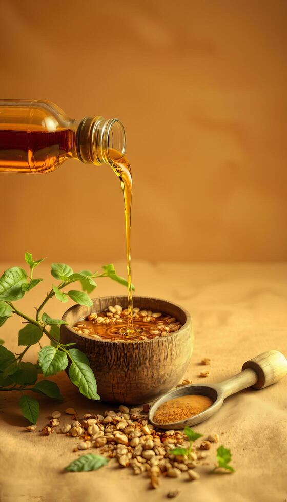 Golden oil pouring into wooden bowl with seeds and spice powder on beige surface photo