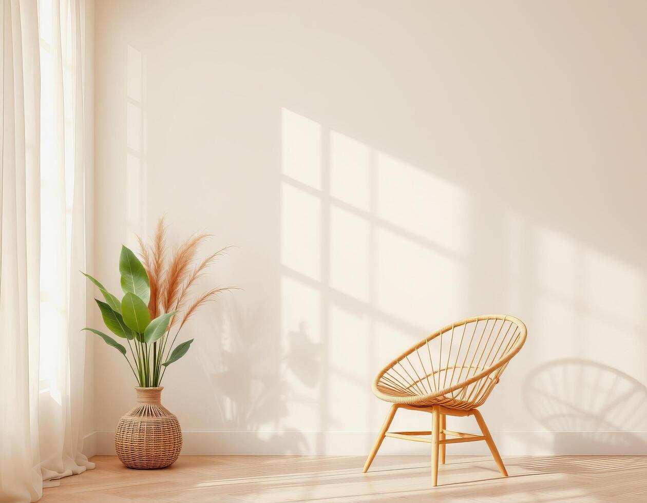 Natural light fills cozy room with wicker chair and decorative plant in woven vase photo