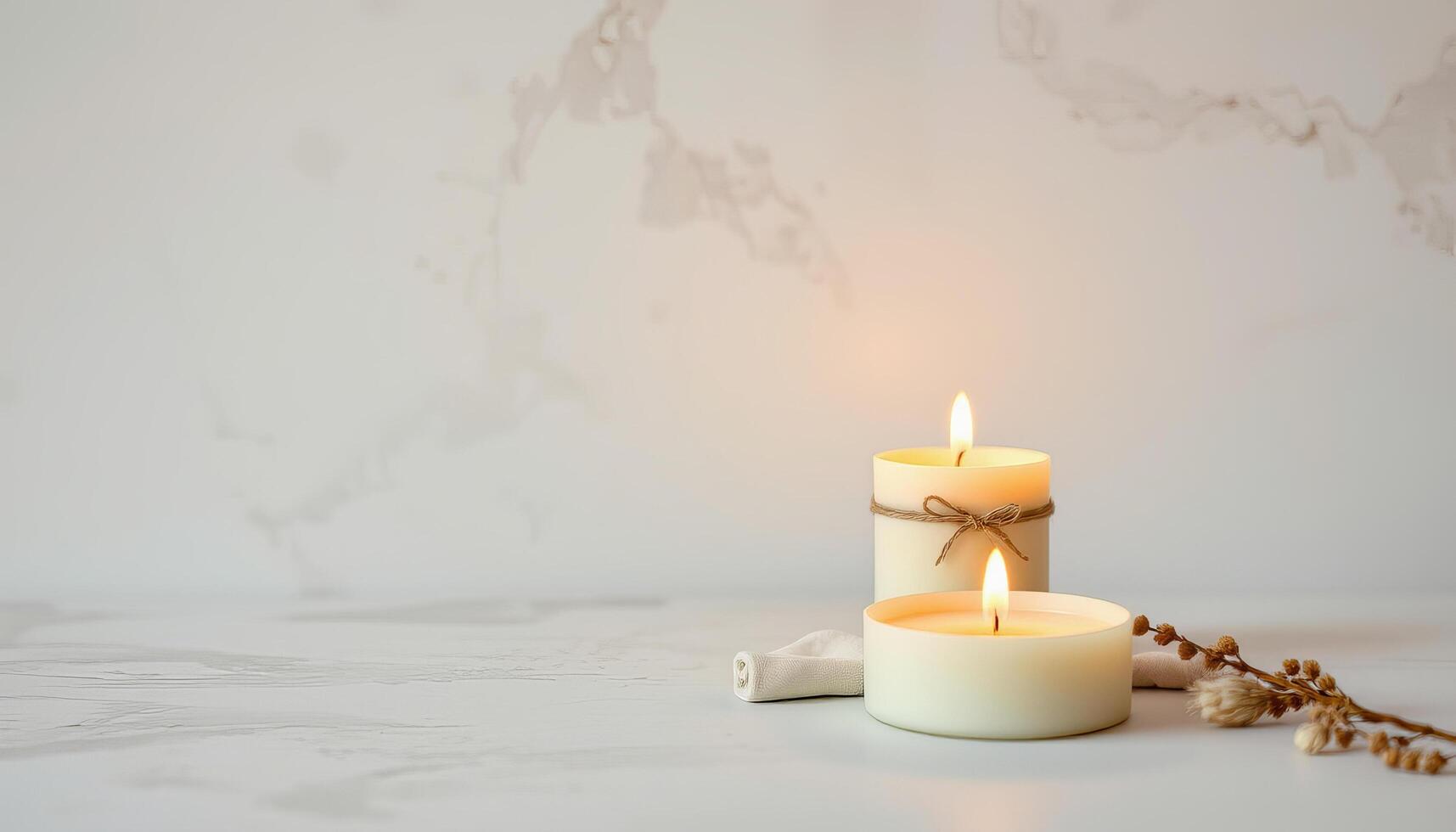 Two lit candles with dried flowers on white marble surface creating calm and warm mood photo