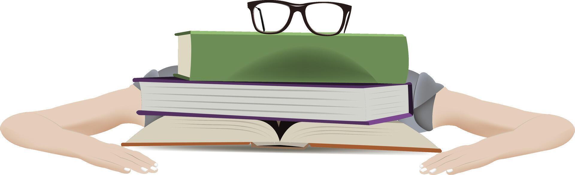A person is holding a stack of books and wearing glasses vector