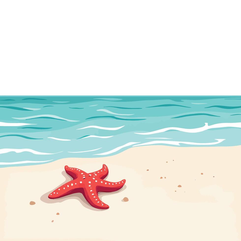 red starfish resting on sandy beach by turquoise ocean waves vector