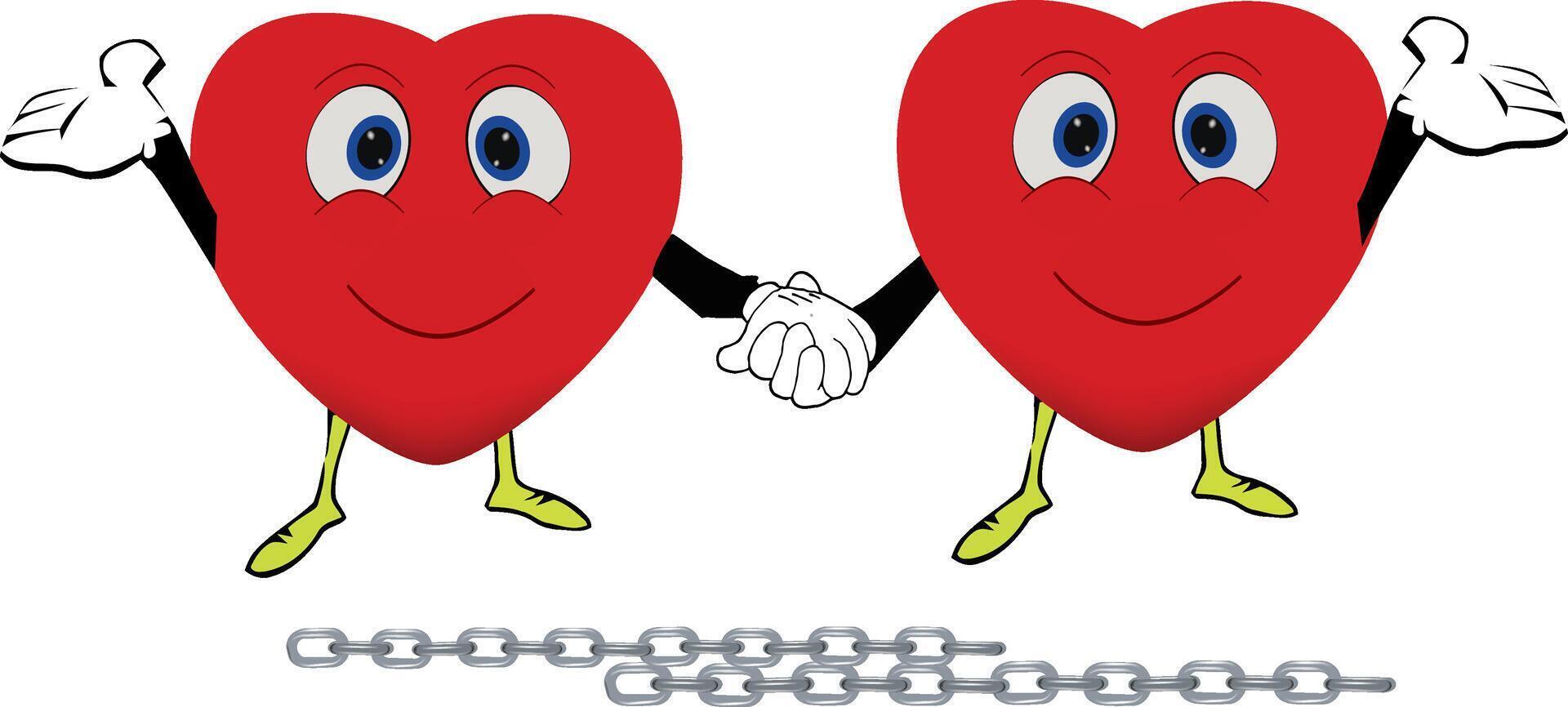 Two hearts holding hands and one is holding a chain vector