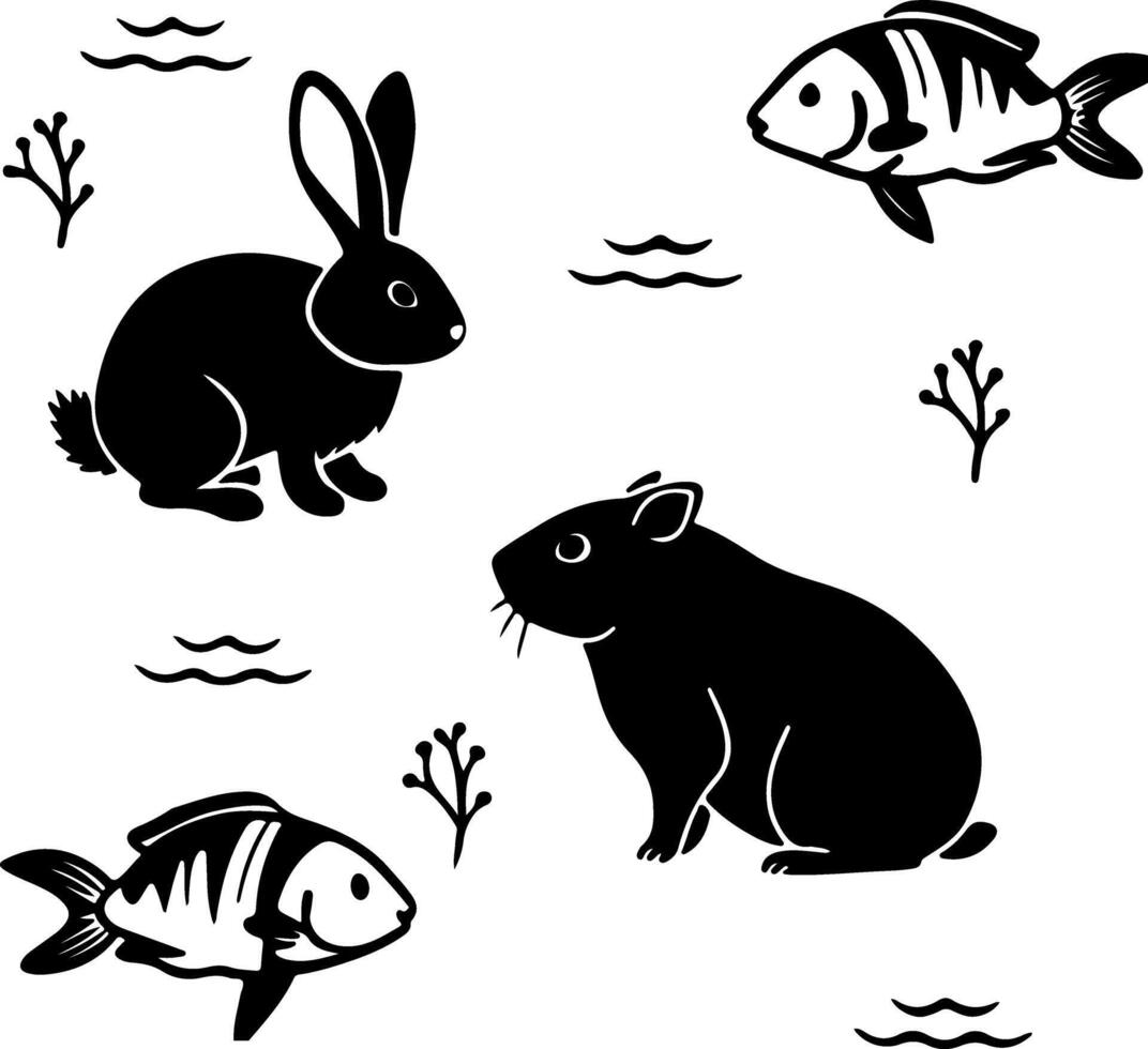 Silhouette Animal Set with Rabbits Guinea Pigs and Fish in Nature Style vector