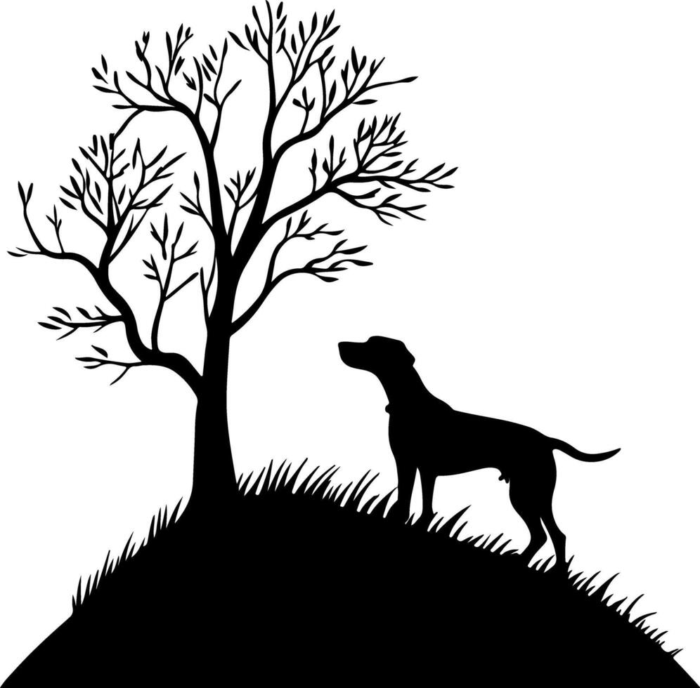 Silhouette of Dog on Hill Beside Leafless Tree in Nature Scene vector