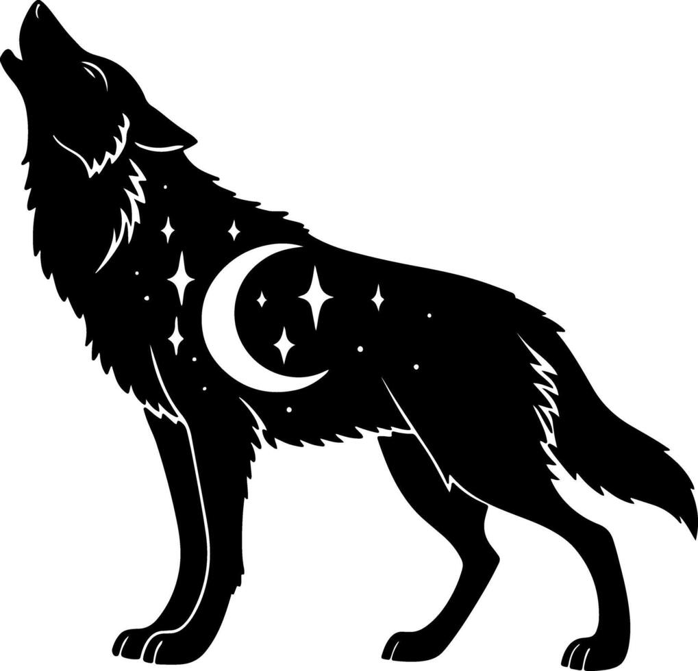 Wolf Silhouette with Moon and Stars in Nighttime Scene vector