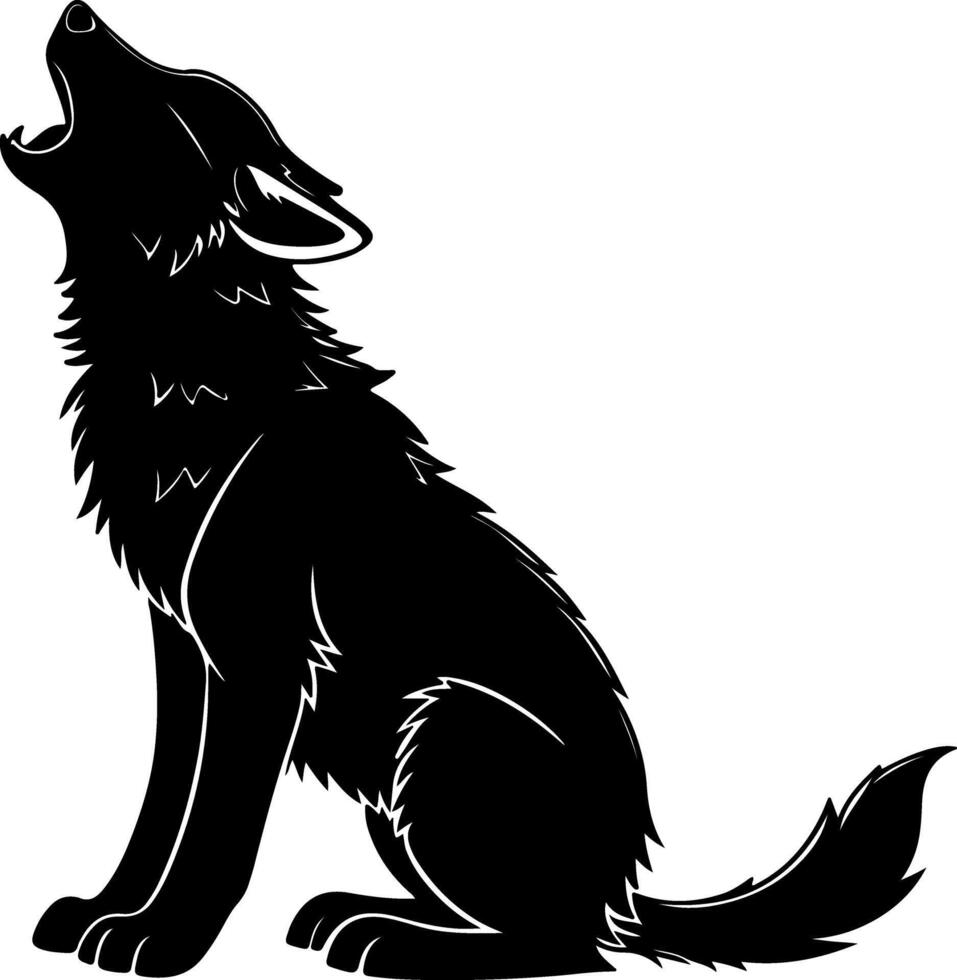 Howling Wolf Pup with Raised Head in Black Silhouette vector
