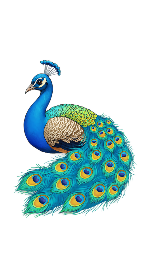 A blue peacock with yellow and green feathers png