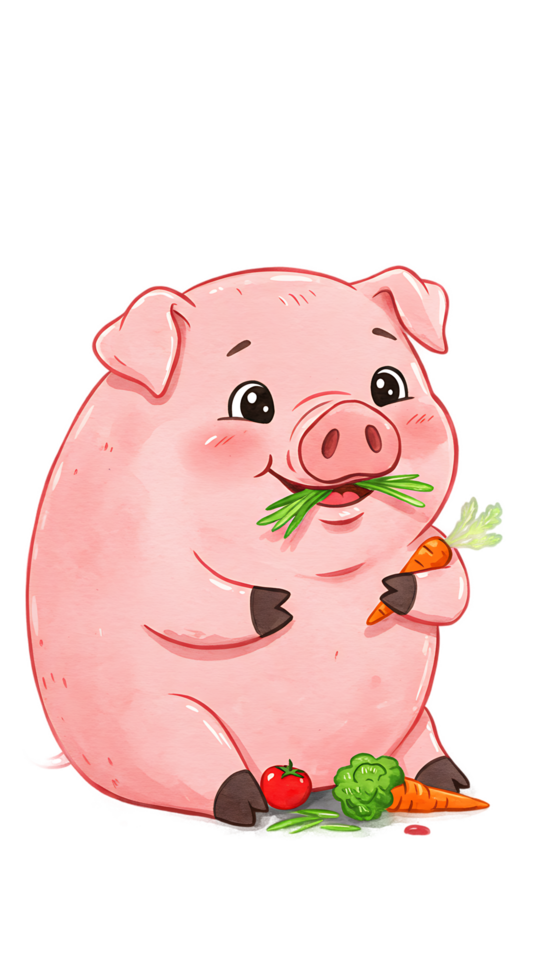 A cartoon pig eating vegetables png