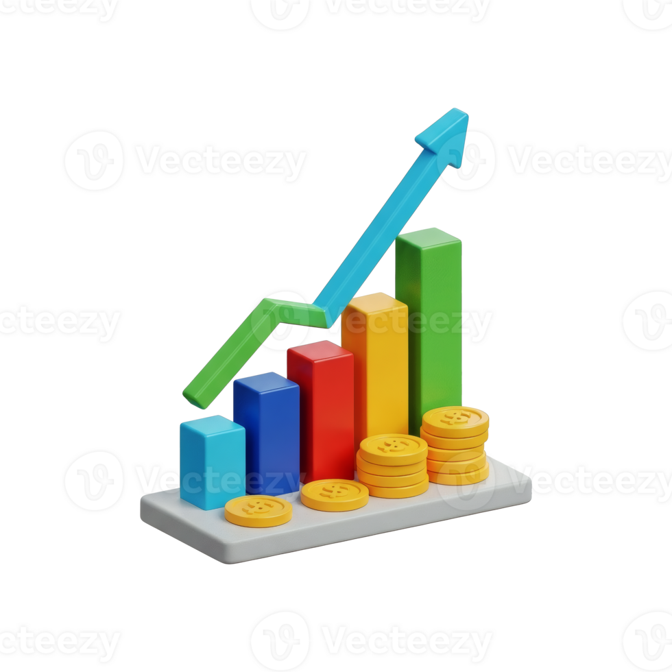 Colorful 3d Bar Graph Showing Increasing Profits With Stacks Of Coins png