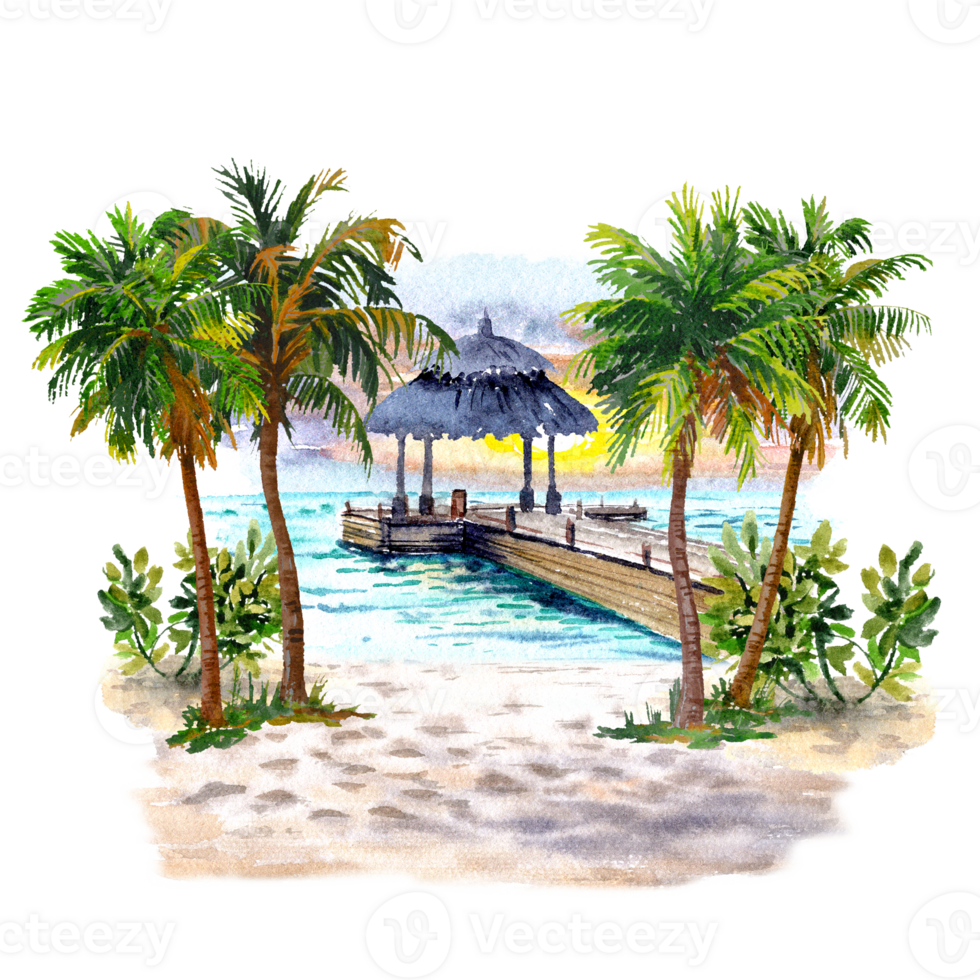 Tropic landscape with Palms and The Pier in the Sea png