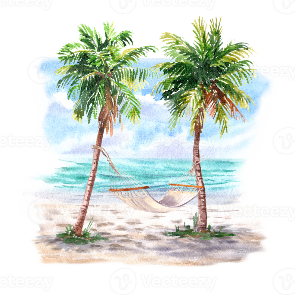 watercolor landscape with turquoise sea, palm trees on the beach and Hammock png