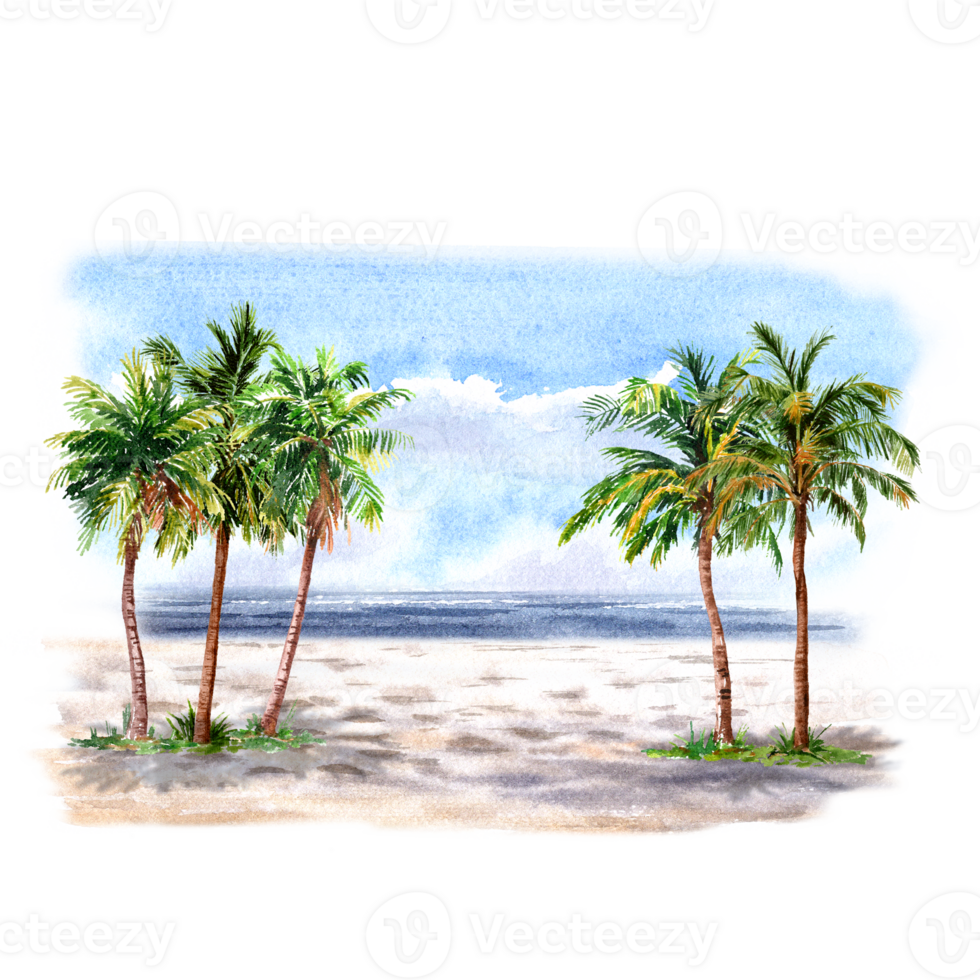 Watercolor Seashore and five Palm trees on the beach png