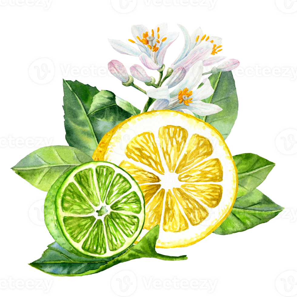 The Halves of lime and Lemon with leaves and flowers in aquarelle technique png