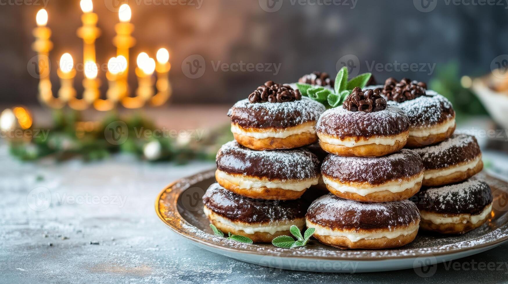 Hanukkah Sufganiyot Festive Doughnuts with Chocolate and Powdered Sugar Delight photo