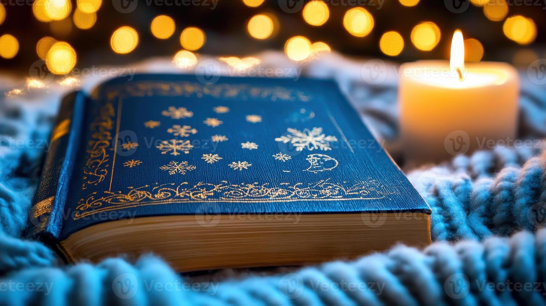 Winter Reading Cozy Book and Candle on a Knitted Blanket with Bokeh Lights for Relaxation and Winter Warmth photo