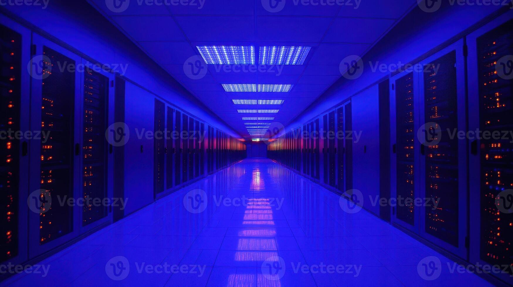 Blue Data Center A Hallway of Servers and Reflection Data Storage Hub photo