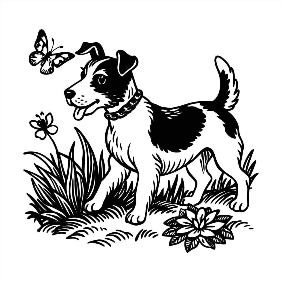 Happy Dog Chasing Butterflies vector